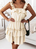 Solid Color Sling Panel Double Layer Ruffle Dress