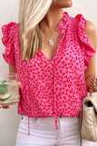 Red Leopard Casual Tie Front Ruffle Blouse for Women