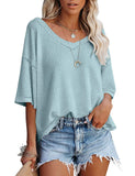 V-Neck Doll Sleeves Waffle Knit Loose Solid Short Sleeves