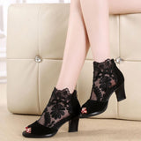 women's mesh high heels chunky lace sandals