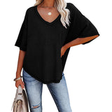 V-Neck Doll Sleeves Waffle Knit Loose Solid Short Sleeves