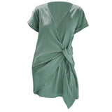 Summer Solid Color V-Neck Belt Short Sleeve Dress