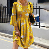 Round Neck Printed Three-Quarter Sleeve Dress