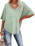 V-Neck Doll Sleeves Waffle Knit Loose Solid Short Sleeves