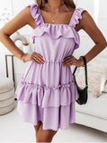 Solid Color Sling Panel Double Layer Ruffle Dress