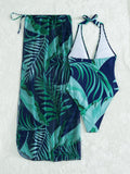 Tropical Print One Piece Swimsuit With Cover Up Skirt