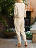 Pure color cotton and linen suit simple retro fashion round neck elastic waist tie