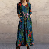 Print V-Neck Pocket Long Sleeve Dress Women's Long Dress