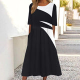 Women's Short Sleeve Scoop Neck Colorblock Graphic Printed Midi Dress