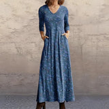 Print V-Neck Pocket Long Sleeve Dress Women's Long Dress