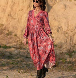 Red Printed Long Sleeve Boho Dress