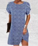 Printed Lace Crochet Crew Neck Short Sleeve Dress