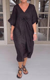 Solid V-Neck Loose Midi Dress