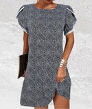 Printed Lace Crochet Crew Neck Short Sleeve Dress